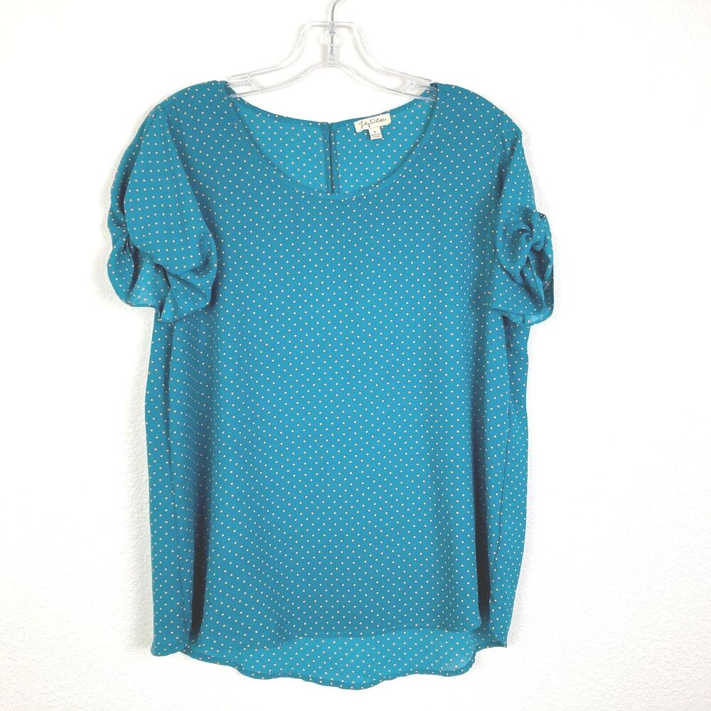 Lily White Womens Blouse Size M Green With Orange Polka Dots Office Business